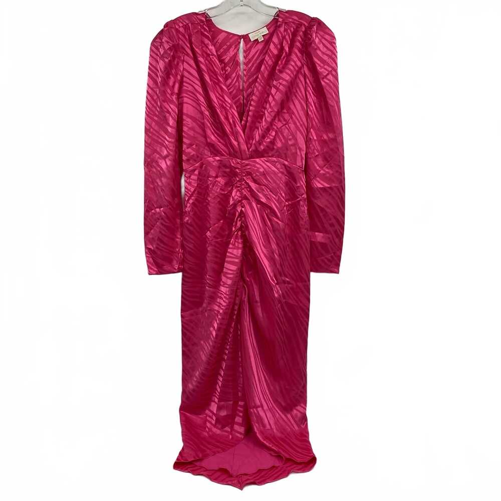 Ronny Kobo Collection Pink Satin Zebra Print V-Neck Midi Dress | Womens S